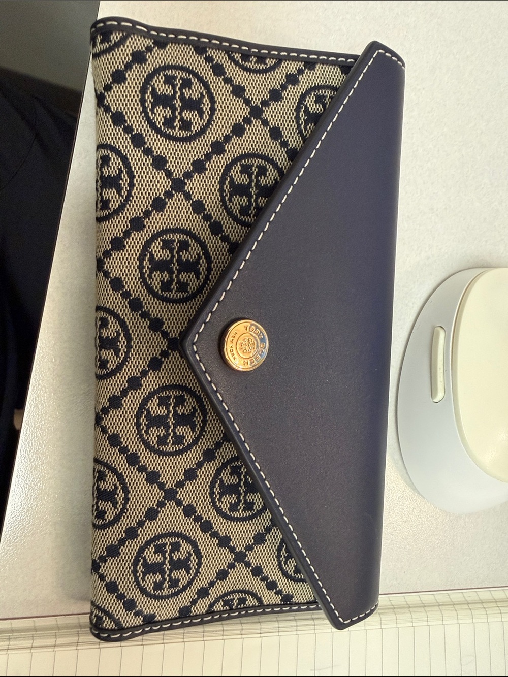 Tory Burch Navy and Beige Logo Continental Wallet with Gold-Tone Snap
